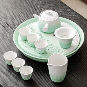 Green And White Gradient Sea Wave Theme Ceramic Valuable Ceremonial Japanese Tea Sets Antique