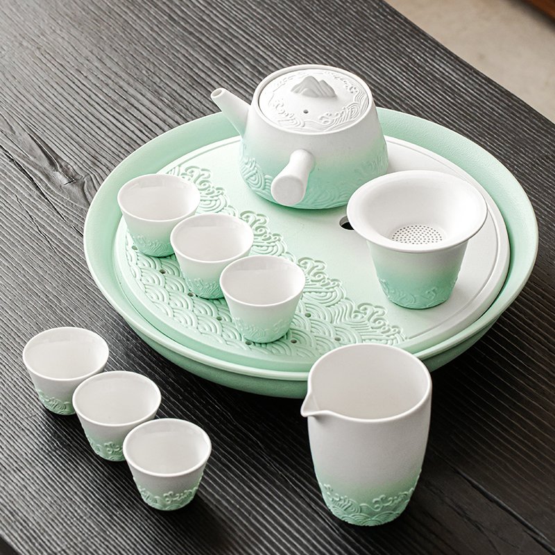 Green And White Gradient Sea Wave Theme Ceramic Valuable Ceremonial Japanese Tea Sets Antique Green And White Gradient Sea Wave Theme Ceramic Valuable Ceremonial Japanese Tea Sets Antique