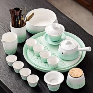 Green And White Gradient Sea Wave Theme Ceramic Valuable Ceremonial Japanese Tea Sets Antique