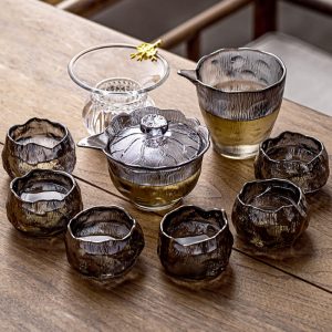 Grey And Transparent Antique Ice Lotus Theme Heat Resistant Tea Sets Glass For Sale