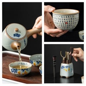 Hand Painted Antique Pattern Crack Glaze Porcelain Traditional Gongfu Tea Ceremony Set With Tray