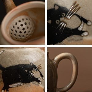Hand Painted Cat Theme Brown Japanese Ceramic Teapots Antique