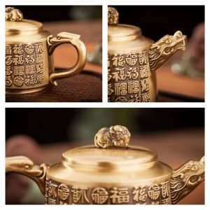 Handcrafted Embossed Blessing Theme Brass Teapot With Dragon Spout