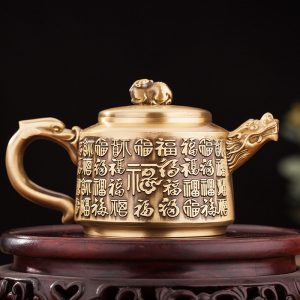 Handcrafted Embossed Blessing Theme Brass Teapot With Dragon Spout