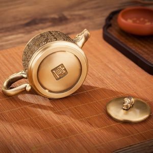 Handcrafted Embossed Blessing Theme Brass Teapot With Dragon Spout