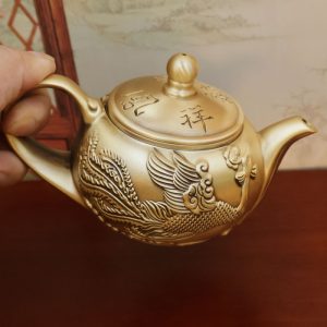 Handcrafted Embossed Dragon And Phoenix Pattern Brass Teapot Antique