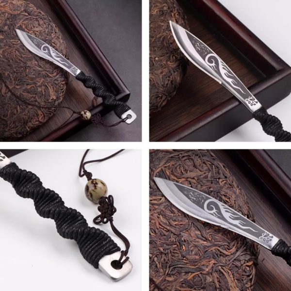 Handcrafted Stainless Steel Pu Erh Tea Cake Knife With Leather Sheath And Tassel