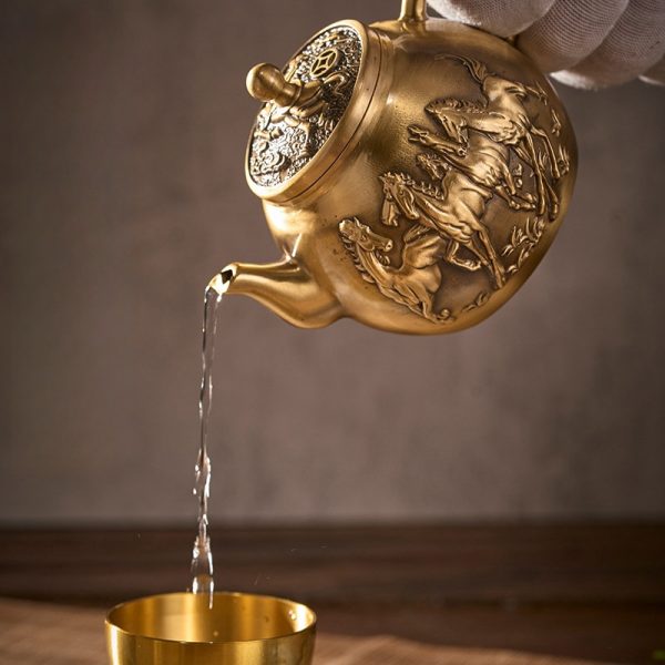 Handmade Embossed Galloping Horse Vintage Brass Tea Kettle Symbolic Success