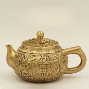 Handmade Hundred Blessing Characters Antique Brass Teapot For Sale