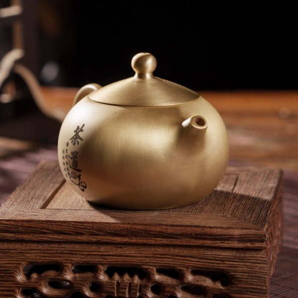 Handmade Tea Ceremony Theme Brushed Brass Teapot Vintage For Sale
