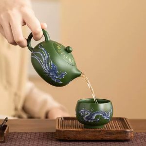Japanese Green Clay Dragon And Phoenix Gongfu Tea Ceremony Tea Cups Set Master Tea Cup Set