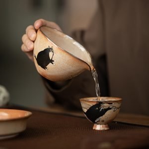 Japanese Unique Hand Painted Cute Shino Cat Gilded In Silver Brown Glaze Vinage Ceramic Cha Hai