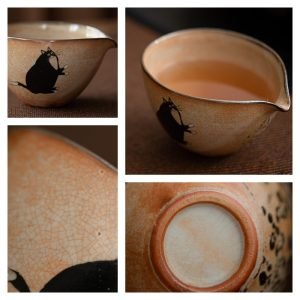 Japanese Unique Hand Painted Cute Shino Cat Gilded In Silver Brown Glaze Vinage Ceramic Cha Hai