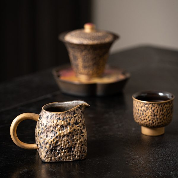 Japanese Vintage Hammered Pattern Golden Glaze Gongfu Tea Ceremony Chahai With Gilded Handle