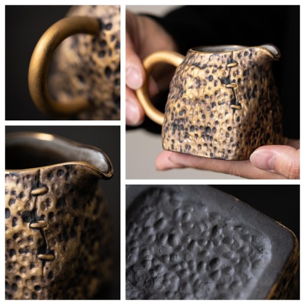 Japanese Vintage Hammered Pattern Golden Glaze Gongfu Tea Ceremony Chahai With Gilded Handle