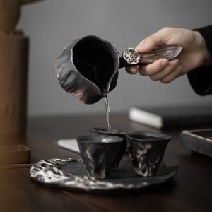 Japanese Wabi-sabi Style Lotus Shapewhite Slip Rough Pottery Fair Cups With Relief Side Handle