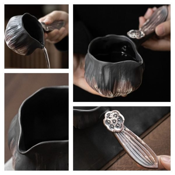 Japanese Wabi-sabi Style Lotus Shapewhite Slip Rough Pottery Fair Cups With Relief Side Handle