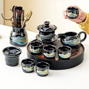 Landscape Theme Black Glaze Ceramic Gongfu Kung Fu Tea Ceremony Set With Round Tea Tray