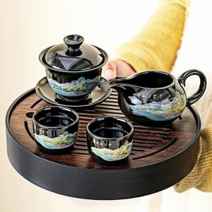 Landscape Theme Black Glaze Ceramic Gongfu Kung Fu Tea Ceremony Set With Round Tea Tray