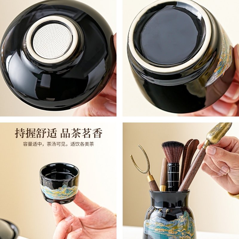 Landscape Theme Black Glaze Ceramic Gongfu Kung Fu Tea Ceremony Set With Round Tea Tray Landscape Theme Black Glaze Ceramic Gongfu Kung Fu Tea Ceremony Set With Round Tea Tray
