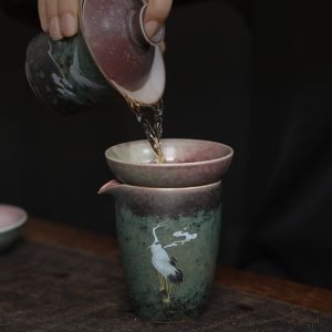 Large Anique Japanese Sytle Crane Pattern Handmade Ceramic Kiln Change Glaze Fair Cup