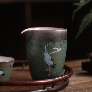 Large Anique Japanese Sytle Crane Pattern Handmade Ceramic Kiln Change Glaze Fair Cup