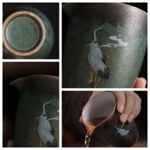 Large Anique Japanese Sytle Crane Pattern Handmade Ceramic Kiln Change Glaze Fair Cup