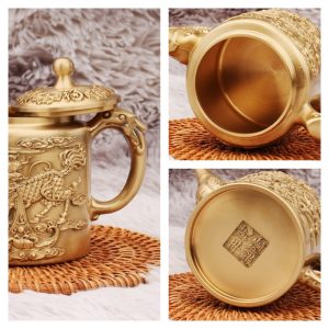 Large Hand Carved Foo Dog And Blessing Theme Brass Teapot With Fish Spout