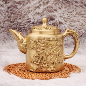 Large Hand Carved Foo Dog And Blessing Theme Brass Teapot With Fish Spout