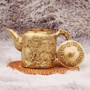 Large Hand Carved Foo Dog And Blessing Theme Brass Teapot With Fish Spout