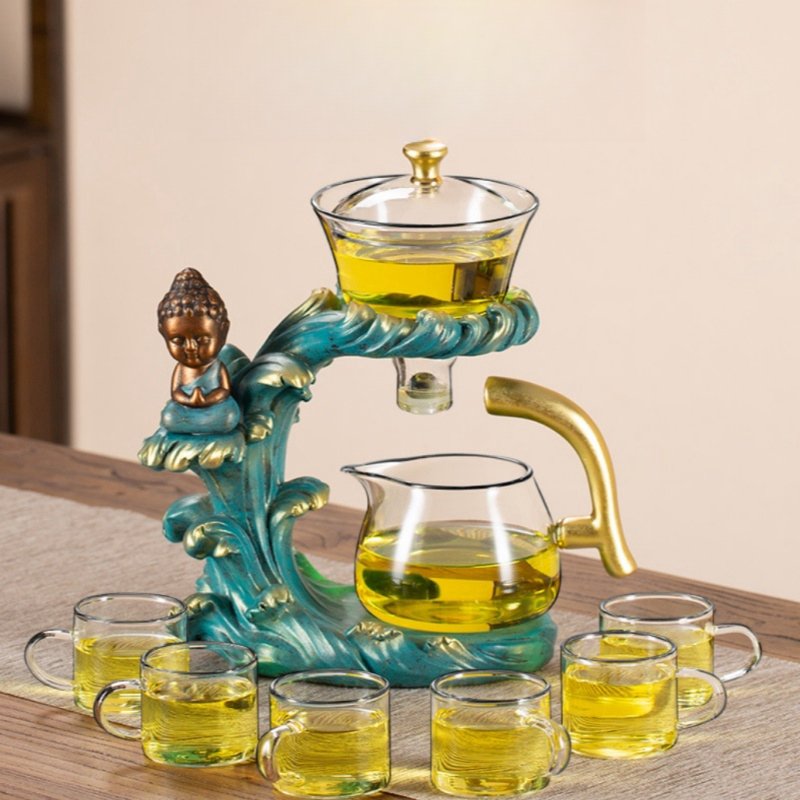 Little Zen Buddha Statue Heat Resistant Semi Automatic Glass Tea Set For Sale Little Zen Buddha Statue Heat Resistant Semi Automatic Glass Tea Set For Sale