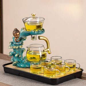 Little Zen Buddha Statue Heat Resistant Semi Automatic Glass Tea Set For Sale