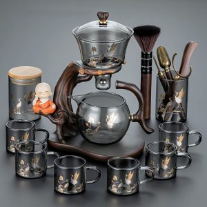Lotus And Crane Theme Grey High Borosilicate Glass Lazy Semi-automatic Tea Sets With Buddha Statue