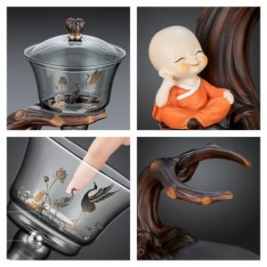 Lotus And Crane Theme Grey High Borosilicate Glass Lazy Semi-automatic Tea Sets With Buddha Statue