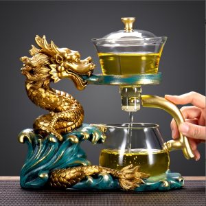 Luxurious Colored Golden Dragon Theme Lazy Semi Auto Glass Tea Set