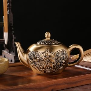 Luxurious Embossed Antique Dragon Phoenix With Foo Dog Theme Brass Teapot