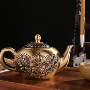 Luxurious Embossed Antique Dragon Phoenix With Foo Dog Theme Brass Teapot