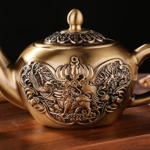 Luxurious Embossed Antique Dragon Phoenix With Foo Dog Theme Brass Teapot