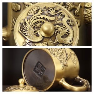 Luxurious Embossed Dragon With Phoenix Brass Teapots Antique For Sale