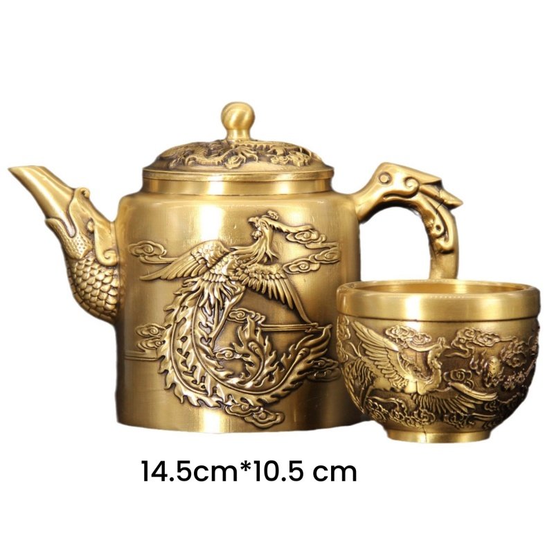 Luxurious Embossed Dragon With Phoenix Brass Teapots Antique For Sale Luxurious Embossed Dragon With Phoenix Brass Teapots Antique For Sale