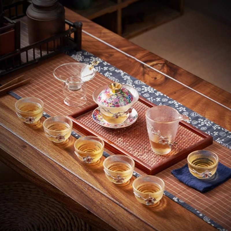 Luxurious Inlaid Tin Plum Theme Antique Enamelled Tea Glasses Set For Adults Luxurious Inlaid Tin Plum Theme Antique Enamelled Tea Glasses Set For Adults