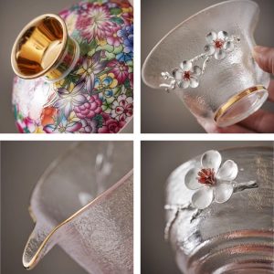 Luxurious Inlaid Tin Plum Theme Antique Enamelled Tea Glasses Set For Adults