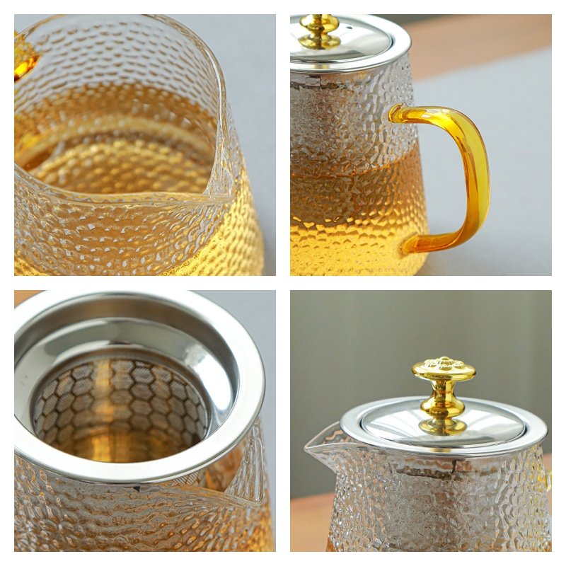 Modern Elegant Heat Resistant Hammered Glass Tea Set With Colorful Handle Modern Elegant Heat Resistant Hammered Glass Tea Set With Colorful Handle