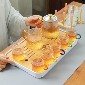Modern Elegant Heat Resistant Hammered Glass Tea Set With Colorful Handle