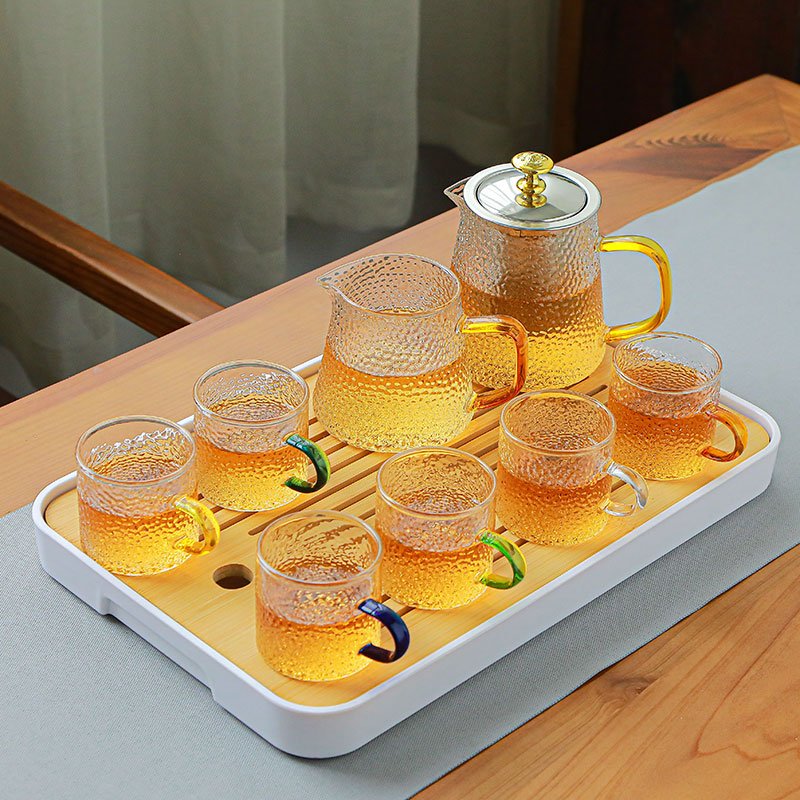 Modern Elegant Heat Resistant Hammered Glass Tea Set With Colorful Handle Modern Elegant Heat Resistant Hammered Glass Tea Set With Colorful Handle