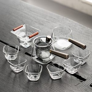Modern Transparent And Grey Luxurious Glass Tea Sets With Wooden Side Handle