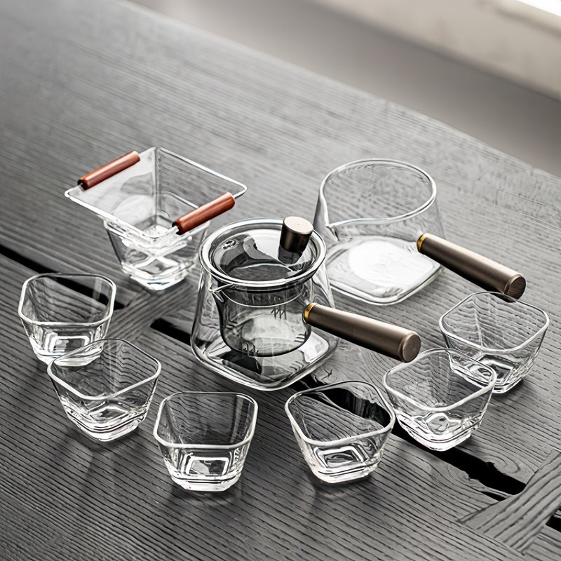 Modern Transparent And Grey Luxurious Glass Tea Sets With Wooden Side Handle Modern Transparent And Grey Luxurious Glass Tea Sets With Wooden Side Handle