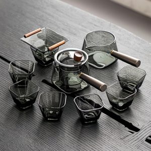 Modern Transparent And Grey Luxurious Glass Tea Sets With Wooden Side Handle