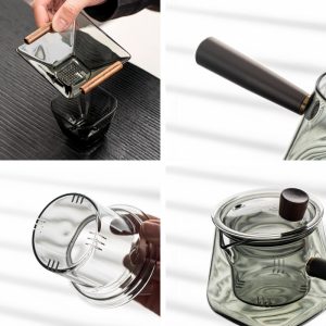 Modern Transparent And Grey Luxurious Glass Tea Sets With Wooden Side Handle