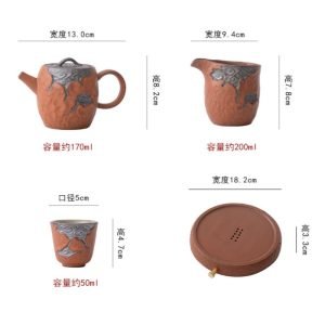 Orange Rough Pottery Embossed Auspicious Clouds Authentic Japanese Antique Tea Set
